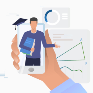 Hand holding smartphone with tutor on screen. Application, service, study concept. Vector illustration can be used for topics like knowledge, education, online course